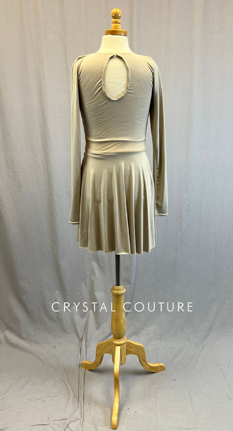 Taupe Long Sleeve Jersey Dress with Appliques - Rhinestones