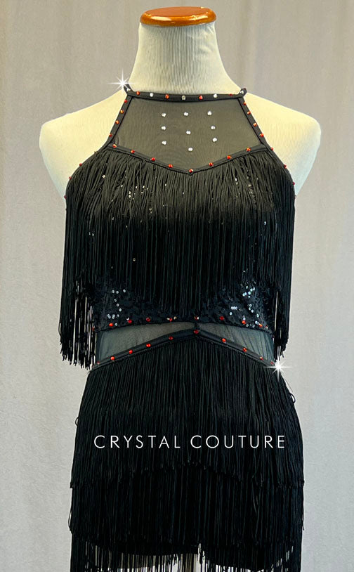 Black Fringe Dress with Mesh Inserts - Rhinestones