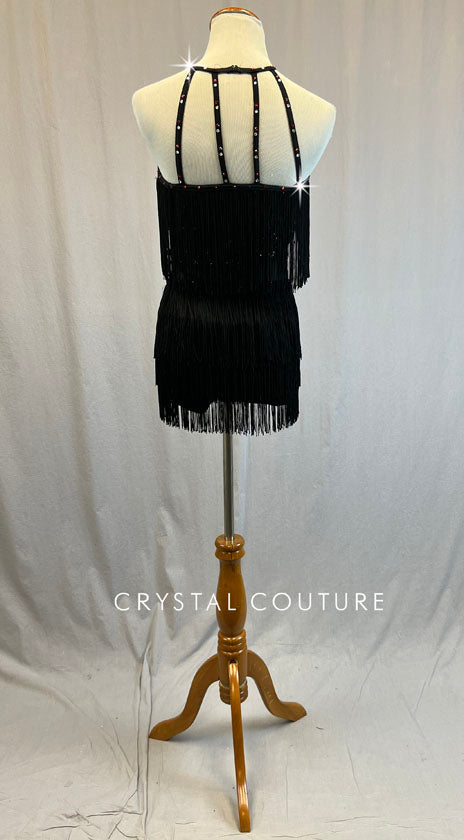 Black Fringe Dress with Mesh Inserts - Rhinestones