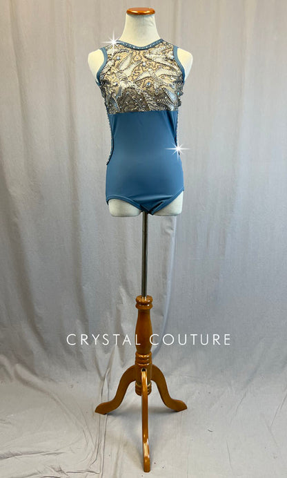 Dusty Blue Tank Leotard with Open Back and Bird Appliques - Rhinestones