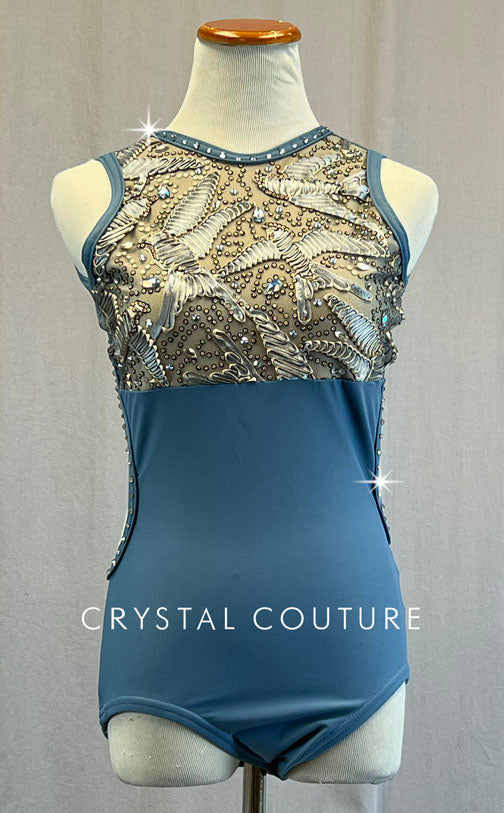 Dusty Blue Tank Leotard with Open Back and Bird Appliques - Rhinestones