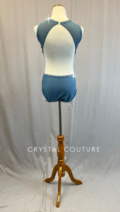 Dusty Blue Tank Leotard with Open Back and Bird Appliques - Rhinestones