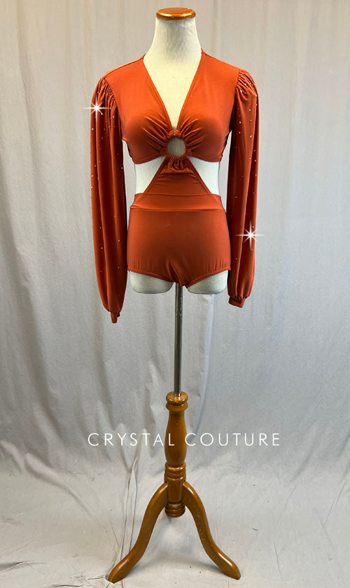 Rust Orange Connected Leotard with Peasant Sleeves and Center Ring - Rhinestones