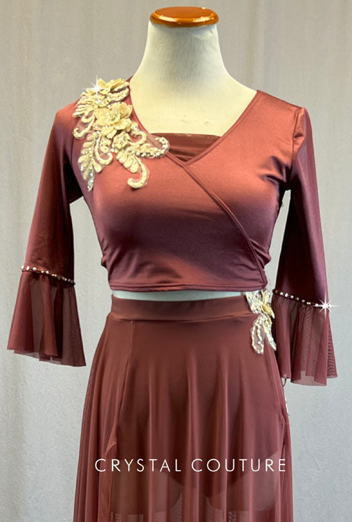 Mulberry Wrap Top with Mesh Skirt and Flare Cuffs - Rhinestones