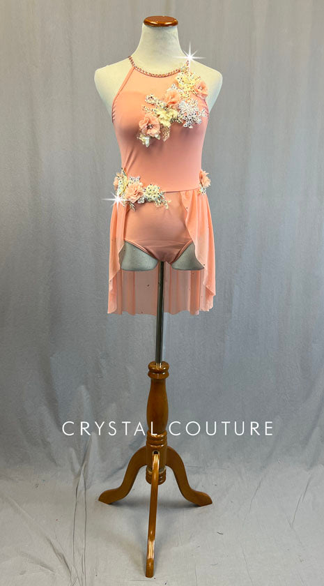 Peach Skirted Leotard with Floral Appliques - Rhinestones & Appliques