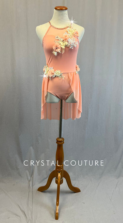 Peach Skirted Leotard with Floral Appliques - Rhinestones