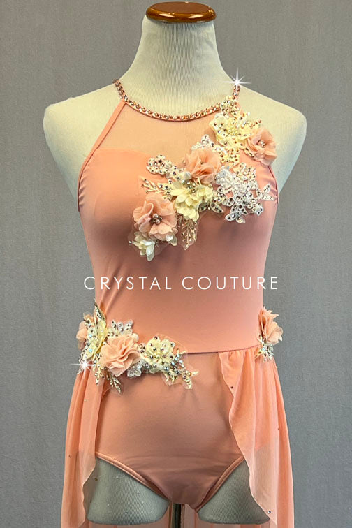 Peach Skirted Leotard with Floral Appliques - Rhinestones & Appliques