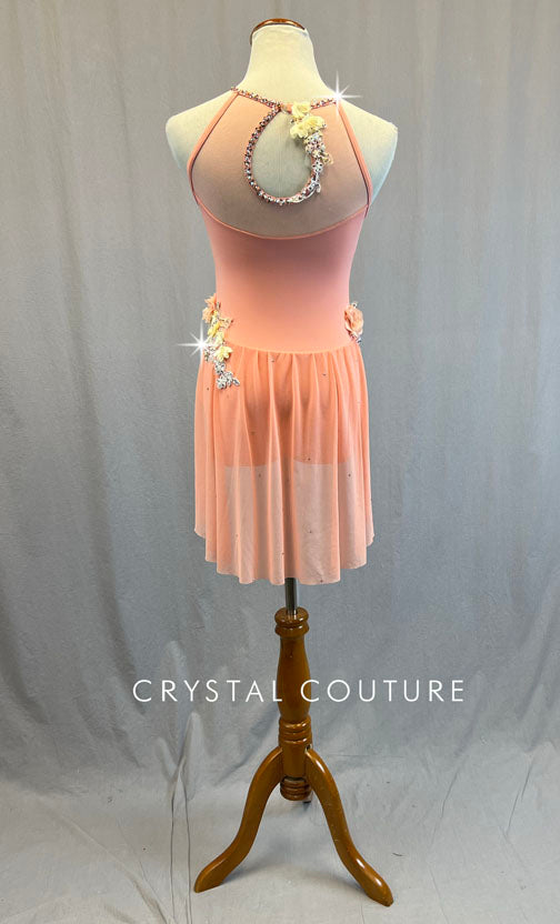 Peach Skirted Leotard with Floral Appliques - Rhinestones