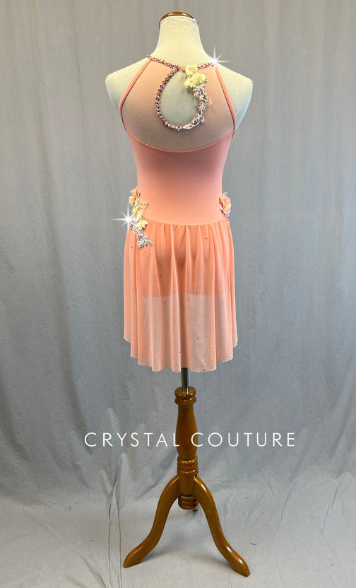 Peach Skirted Leotard with Floral Appliques - Rhinestones & Appliques