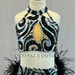 *Brand New* Custom Black & Silver Swirled Two Piece with Black Feather Bustle - Rhinestones