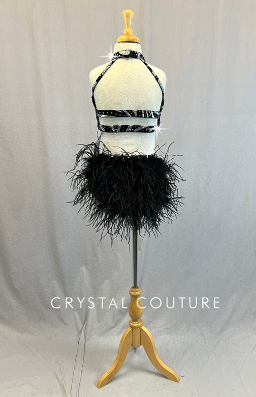 *Brand New* Custom Black & Silver Swirled Two Piece with Black Feather Bustle - Rhinestones