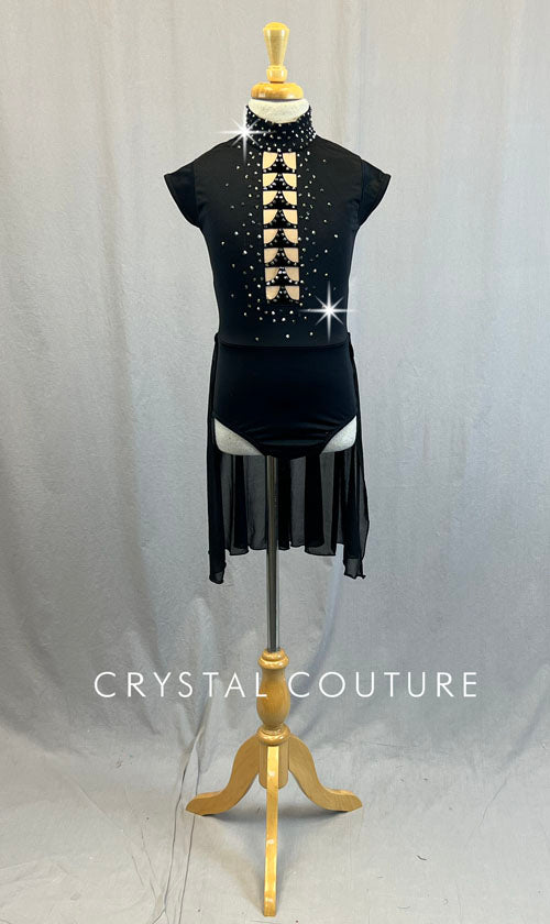 *Brand New* Black Leotard with Velvet Cutouts and Back Skirt - Rhinestones