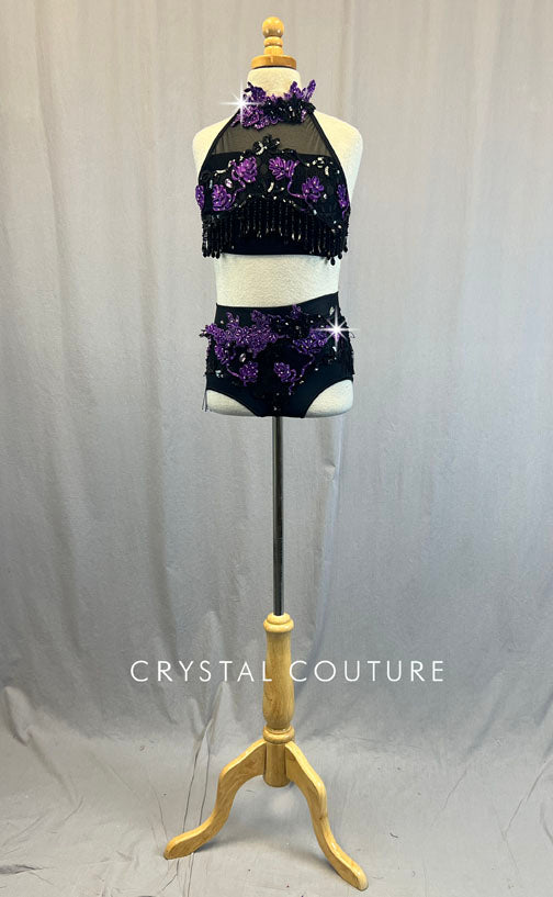 Custom Black Halter Two Piece with Beaded Fringe and Purple Appliques - Rhinestones