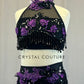 Custom Black Halter Two Piece with Beaded Fringe and Purple Appliques - Rhinestones