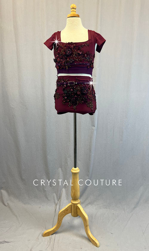 Custom Burgundy & Plum Two Piece with Floral Appliques - Rhinestones