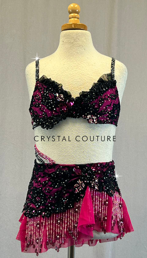 Custom Hot Pink & Black Lace Two Piece with Beaded Fringe Skirt - Rhinestones