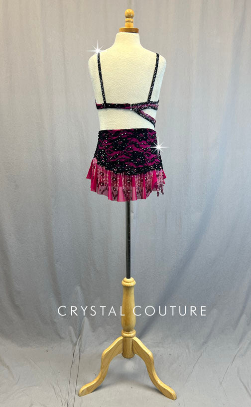 Custom Hot Pink & Black Lace Two Piece with Beaded Fringe Skirt - Rhinestones