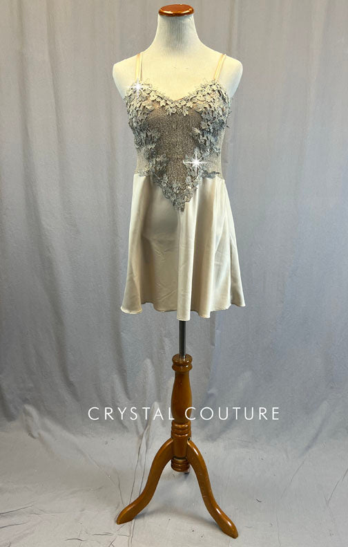 Custom Light Champagne Silk and Lace Slip Dress with Appliques - Rhinestones