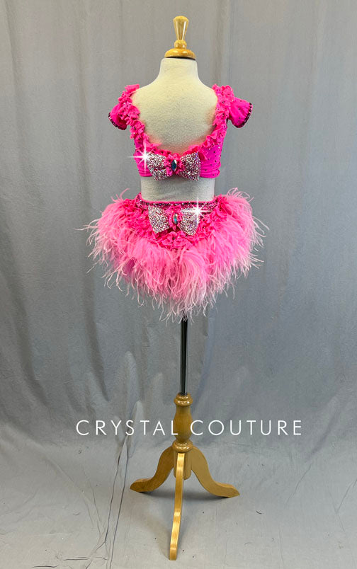 Custom Hot Pink Cinched Top and Connected Skirt with Feather Hem - Rhinestones