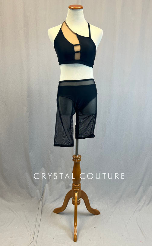 Custom Black Asymmetrical Two Piece with Mesh Shorts - Rhinestones