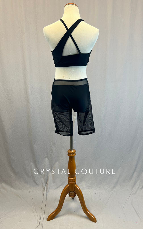 Custom Black Asymmetrical Two Piece with Mesh Shorts - Rhinestones