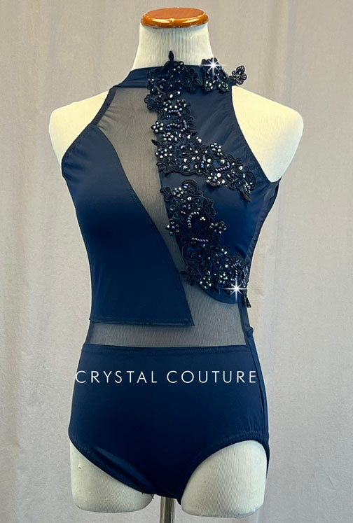 Custom Navy Blue Open Back Leotard with Mesh Inserts and Appliques - Rhinestones