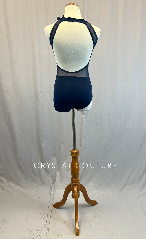 Custom Navy Blue Open Back Leotard with Mesh Inserts and Appliques - Rhinestones