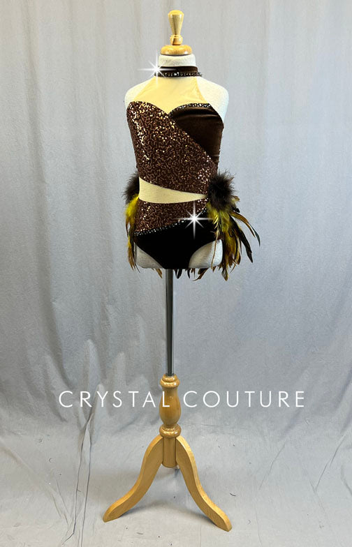 Custom Brown Zsa Zsa and Velvet Leotard with Feather Bustle - Rhinestones