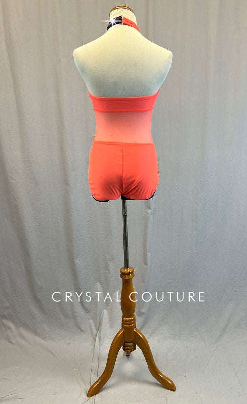Coral & Navy Halter Leotard with Mesh and Appliques - Rhinestones