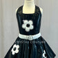 Custom Black Metallic Halter Dress with Crinoline and White Flower Patches - Rhinestones