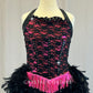 Custom Hot Pink and Black Lace Biketard with Fringe and Feather Bustle - Rhinestones
