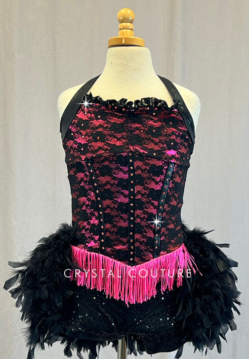 Custom Hot Pink and Black Lace Biketard with Fringe and Feather Bustle - Rhinestones
