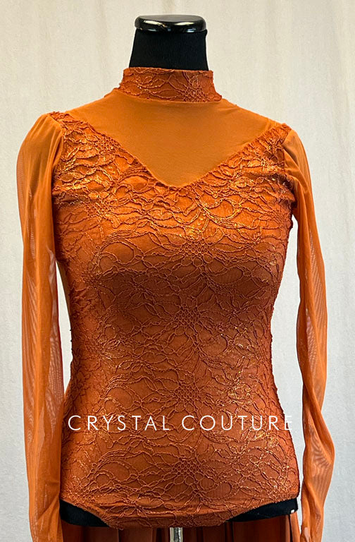 Rust Orange Lace and Mesh Mock Neck Leotard with Back Skirt