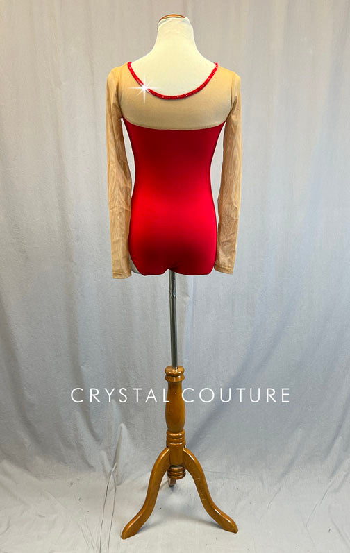 Red & Nude Mesh Long Sleeve Leotard with Appliques - Rhinestones