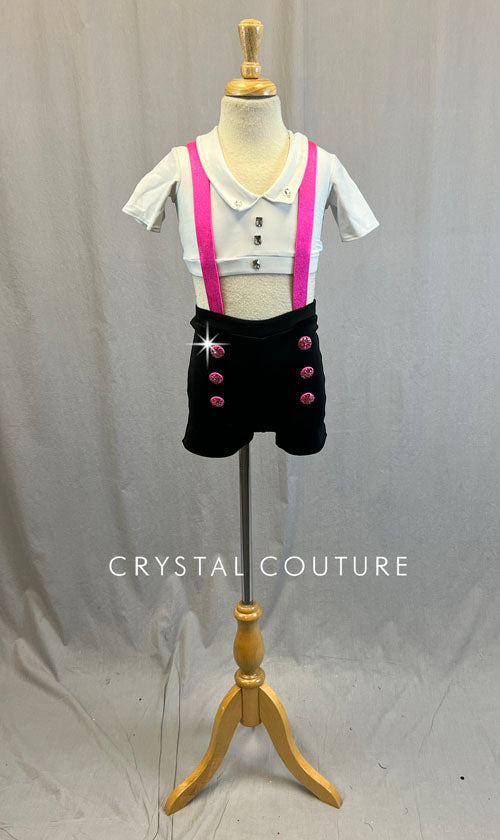 Custom Black & Pink 3 Piece Blazer and Shorts Set - Rhinestones