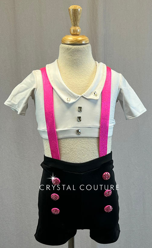 Custom Black & Pink 3 Piece Blazer and Shorts Set - Rhinestones