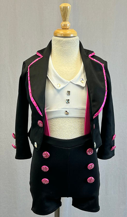 Custom Black & Pink 3 Piece Blazer and Shorts Set - Rhinestones