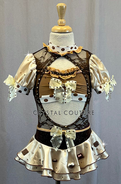 Custom Chocolate & Cream Puff Sleeve Leotard with Open Midriff and Polka Dots - Rhinestones