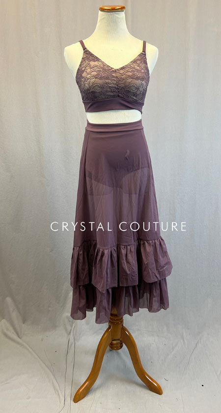 Dark Mauve Lace Bra Top with Ruffle Hem Skirt