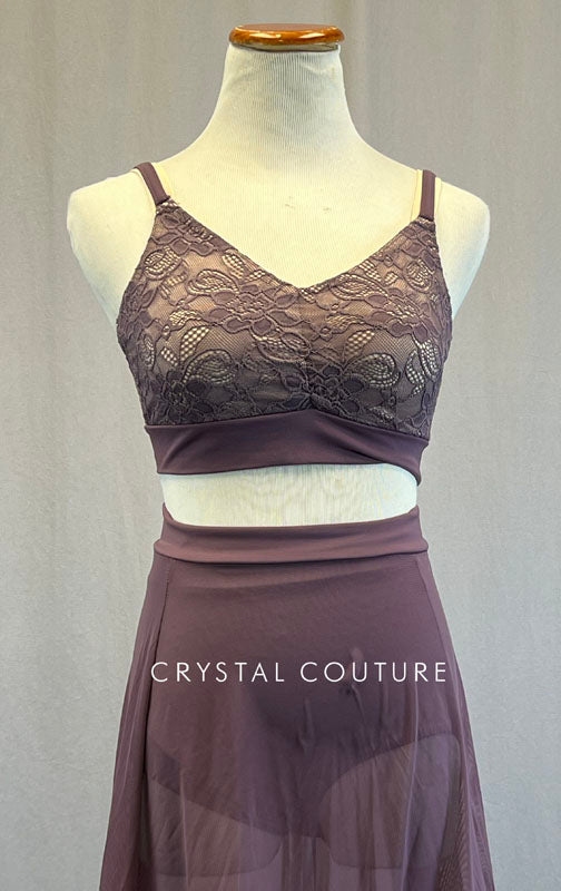 Dark Mauve Lace Bra Top with Ruffle Hem Skirt