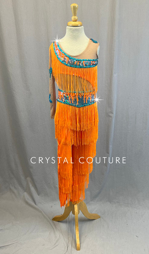 Custom Orange Fringe Unitard with Bright Blue Accents - Rhinestones