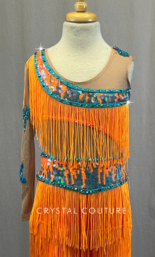 Custom Orange Fringe Unitard with Bright Blue Accents - Rhinestones