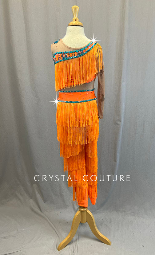 Custom Orange Fringe Unitard with Bright Blue Accents - Rhinestones