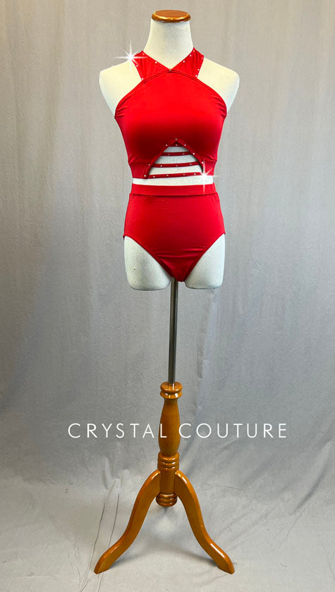 Red Strappy Front Bra Top and Trunks - Rhinestones