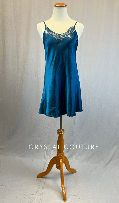 Teal Silky Slip Dress with Trunks - Rhinestones