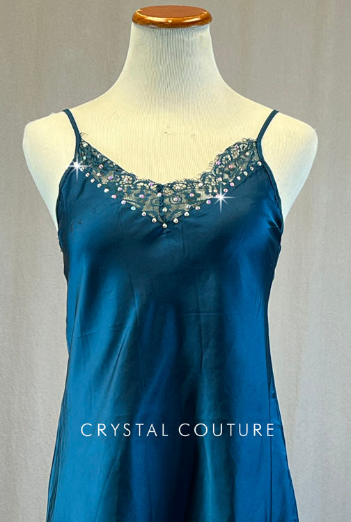 Teal Silky Slip Dress with Trunks - Rhinestones