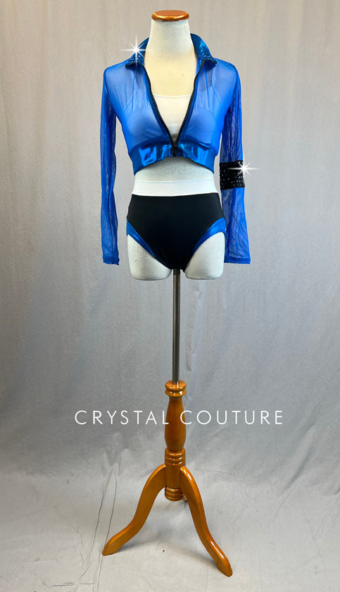 Blue Mesh Zip Front Crop Top and Trunks - Rhinestones