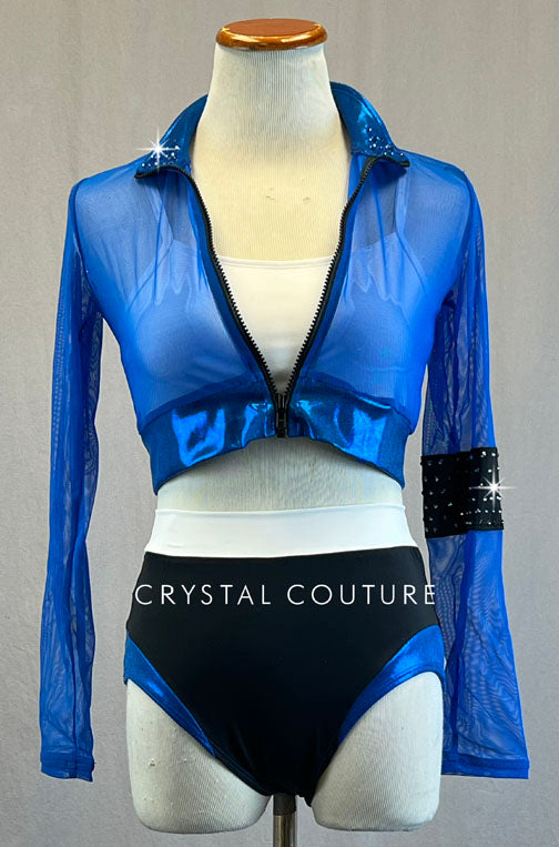 Blue Mesh Zip Front Crop Top and Trunks - Rhinestones