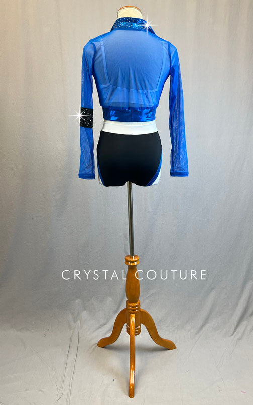 Blue Mesh Zip Front Crop Top and Trunks - Rhinestones