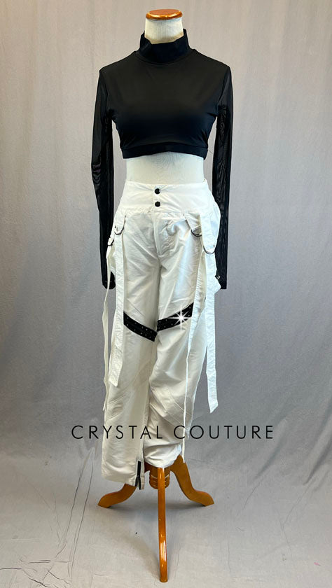 Black Mock Neck Top with White Strap Cargo Pants - Rhinestones